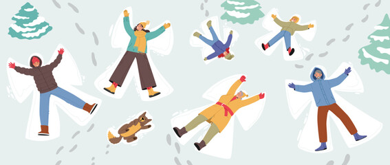 Joyful Characters Lie On Snowy Ground, Arms Outstretched, Creating Whimsical Snow Angels With Their Bodies