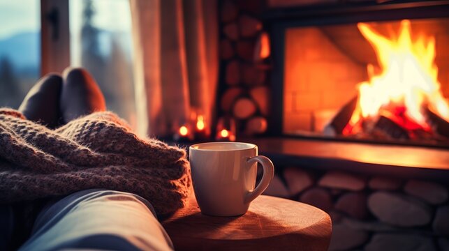 In a cold fall or winter evening, people are resting near the fireplace with blankets and tea. A cozy scene with close-up photos of people's wool socks on their feet.