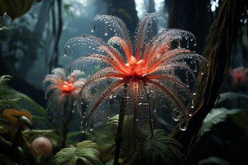 Intricate details of a rare and exotic flower in a lush rainforest, where nature's beauty is at its...