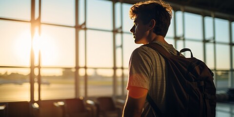 Fototapeta premium Closeup of a Young Man with Backpack, Gazing through the Airport Window, Capturing the Spirit of Adventure and Wanderlust in the Moments Leading Up to a Traveler's Journey