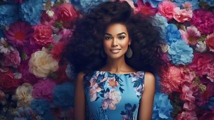 A young woman in a nice blue dress poses in a fashion photo with a colorful wall of flowers. She has nice hair, a big smile, and nice hair color.