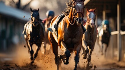 Horse race, group of jockeys running fast in paddock - obrazy, fototapety, plakaty