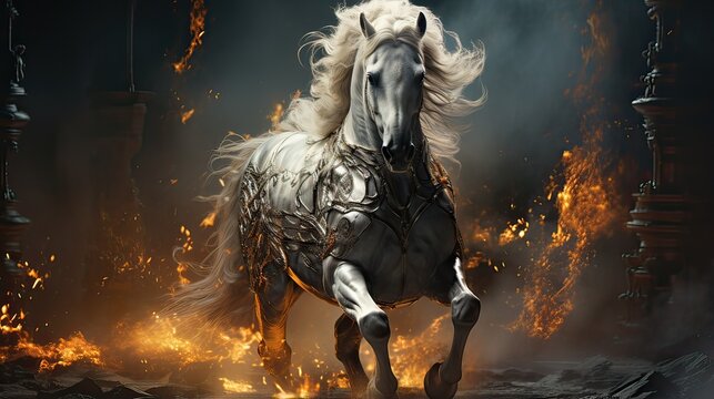 White Camargue Horse running in the fire