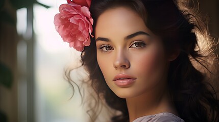 A young woman who is beautiful and has a pink flower on her head