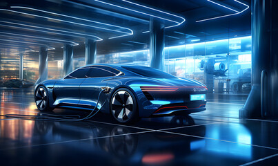 Obraz premium Connected Future, Electric Car Charging in Business Center Showroom