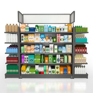 Shelf rack, display case in a supermarket with display of goods. 3d illustration