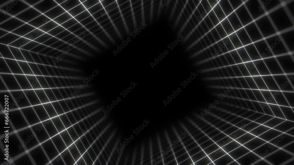 Poster simple, thin, neon glowing animated white grid lines tunnel stage frame with depth and bokeh. seamle