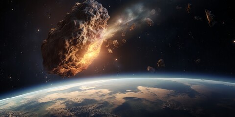 Catastrophic Collision: When an Asteroid Exploded, Forming a Massive Crater on Earth, Signaling the End of Dinosaurs and the Onset of a Planetary Catastrophe - obrazy, fototapety, plakaty