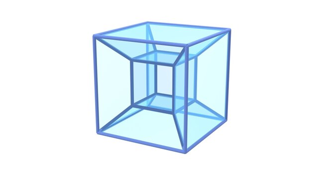 fourth dimension tesseract 3d illustration, hypercube mathematics hyperplanes motion graphics geometric hologram