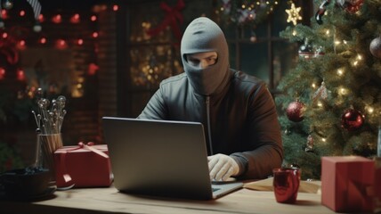 Burglary Christmas: Masked Bandit with Pistol Steals Laptop in Festive Background