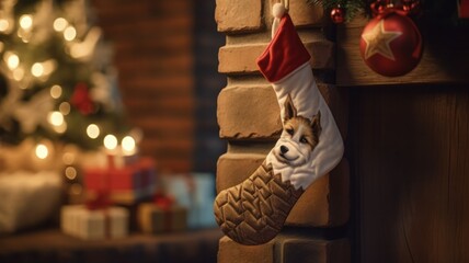 Cheerful Christmas Stocking for Dogs Hung on Wooden Wall