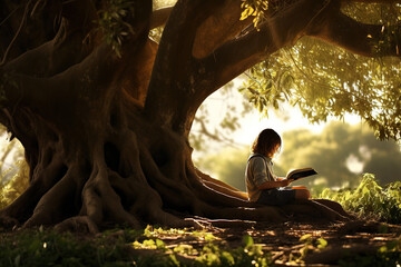 A child reading a book under a tree