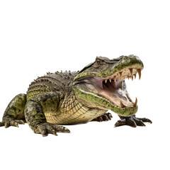 an American alligator (Alligator mississippiensis) with open mouth and full body 3/4 view in a Wildlife-themed, photorealistic illustration in a PNG format, cutout, and isolated.  Generative ai