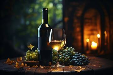 moody winery still life, glass and wine bottle, grape plantation background