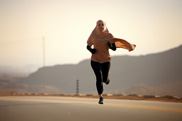 Arab woman running on a lonely road in the desert