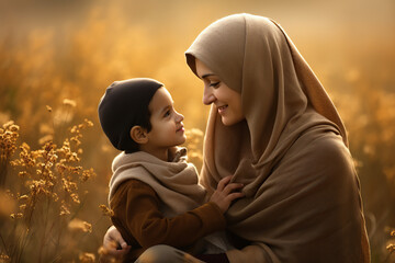 Portrait of an Arab woman and her son in the field - Powered by Adobe