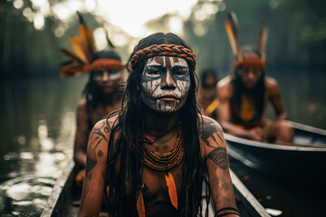 Some indigenous people from a tribe in a jungle river - obrazy, fototapety, plakaty