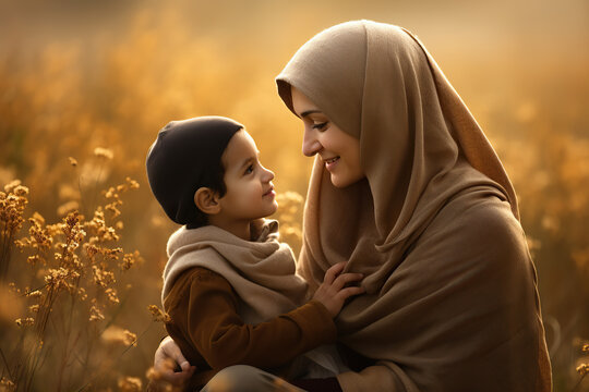 Portrait of an Arab woman and her son in the field