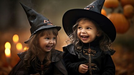 Obraz premium Two children dressed in Halloween costumes. Both children are smiling broadly and enjoying themselves. Halloween events or decorations