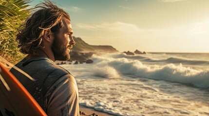 A man prepares to surf near the ocean, looking out at the waves. He appears to be enjoying the view and possibly contemplating his next surfing session with his surfboard. 