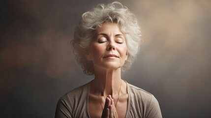 An elderly woman with grey hair with her eyes closed, meditates while doing Yoga. Zen mode, spiritual person - obrazy, fototapety, plakaty