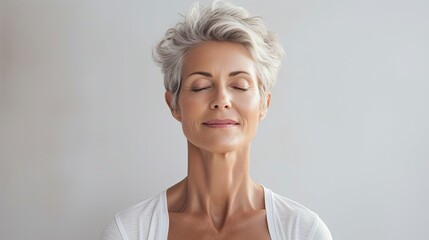 An elderly woman with grey hair with her eyes closed, meditates while doing Yoga. Zen mode, spiritual person - obrazy, fototapety, plakaty
