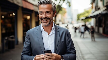 A middle-aged business executive man wearing a suit and tie is standing on a sidewalk, holding a cell phone in his hand. - obrazy, fototapety, plakaty
