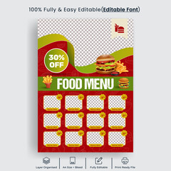 Editable restaurant Food menu design, fast food menu card, restaurant leaflet, food flyer or poster and pizza, burger, menu one sided print template 