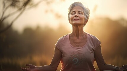 An elderly woman with grey hair with her eyes closed, meditates while doing Yoga. Zen mode, spiritual person