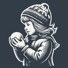 Kid holding a snowball. Vintage woodcut engraving style hand drawn vector illustration on dark background.