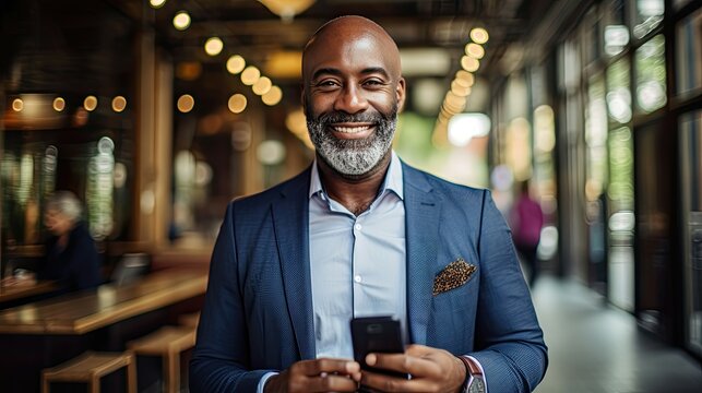 A middle-aged business executive man wearing a suit and tie is standing on a sidewalk, holding a cell phone in his hand.