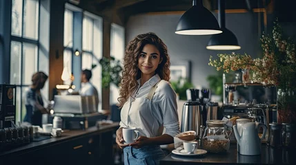 Tuinposter A pretty latin brunette woman standing in a coffee shop, holding a cup of coffee. The shop has a cozy atmosphere, with several potted plants placed around the room © Daniel