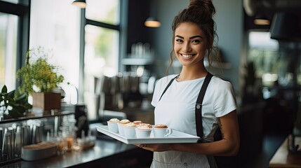 A smiling pretty brunette woman standing in the kitchen of a bar cafe or restaurant, holding a tray with a variety of cupcakes on it. She is wearing an apron as she is a waitress or a baker. 
