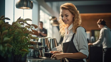 A blonde pretty woman in a white shirt and apron, standing behind a counter in a coffee shop. She smiles and prepares to serve a cup of coffee. The overall atmosphere of the image is welcoming.