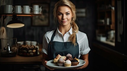 A blond woman standing in a kitchen, holding a plate filled with desserts and cupcakes. She wears an apron, as she is preparing to serve. The scene conveys a sense of warmth and hospitality.