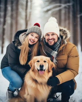 A man and a woman standing together in the snow, posing for a picture. They are both wearing winter coats and hats, and they are accompanied by a large brown Golden Retriever dog. Love, family