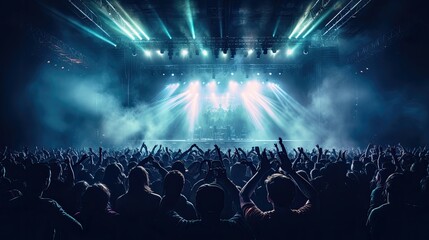 Lively rock concert scene with a large crowd of people gathered in a stadium. The audience is enthusiastically clapping and cheering for the performers on stage.