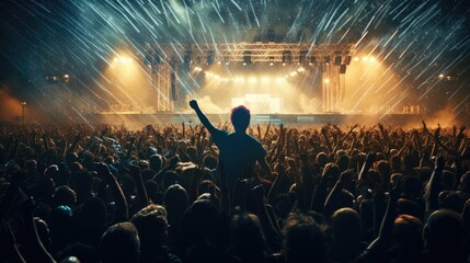 Fototapeta na wymiar Live concert scene. A crowd of people gathered together. A man standing in the center of the crowd, with his arms raised high, expressing excitement. Atmosphere is energetic and full of enthusiasm.