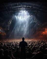  Live concert scene. A crowd of people gathered together. A man standing in the center of the...