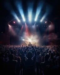 Lively rock concert scene with a large crowd of people gathered in a stadium. The audience is enthusiastically clapping and cheering for the performers on stage.