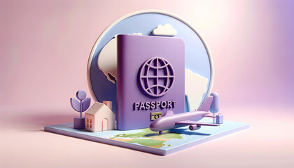 Illustration of a 3D purple passport set against a soft pastel backdrop. The passport, representing summer vacations and touring, is surrounded by faint icons of airplanes and maps, capturing the esse