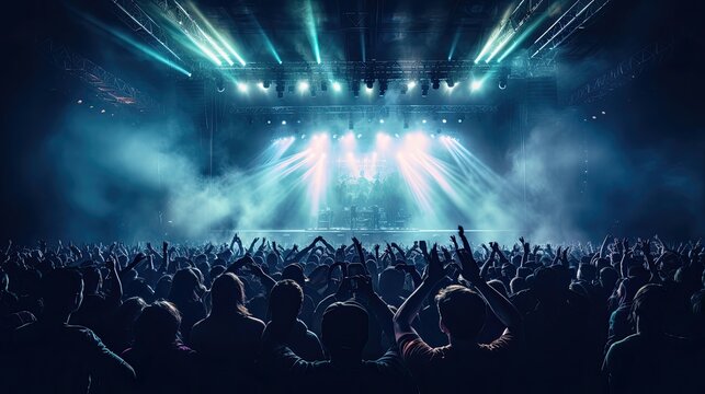 Lively rock concert scene with a large crowd of people gathered in a stadium. The audience is enthusiastically clapping and cheering for the performers on stage.