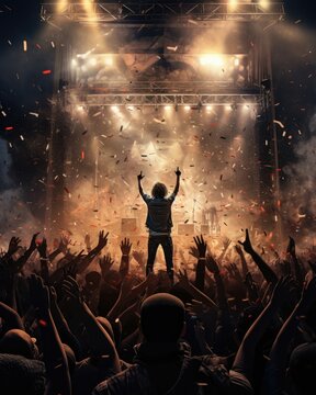 Lively rock concert scene with a large crowd of people gathered in a stadium. The audience is enthusiastically clapping and cheering for the performers on stage.