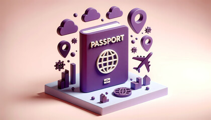 Illustration of a 3D purple passport set against a soft pastel backdrop. The passport, representing summer vacations and touring, is surrounded by faint icons of airplanes and maps, capturing the esse
