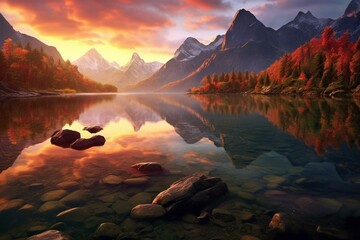 Stunning sunrise view of majestic mountains, glowing peaks, rocks in a serene lake, and their reflection. Generative AI