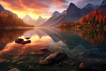 Schilderijen op glas Stunning sunrise view of majestic mountains, glowing peaks, rocks in a serene lake, and their reflection. Generative AI © Aeris