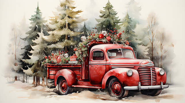watercolour illustration of red christmas truck and christmas tree