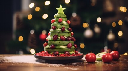 Fototapeta na wymiar Fun and Healthy Christmas Tree Dessert Idea for Kids Party Featuring Edible Kiwi and Pomegranate