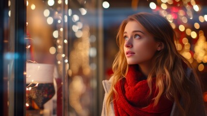 Fototapeta premium Joyful Christmas Window Shopping: Young Girl Admiring City Lights and Holiday Decorations
