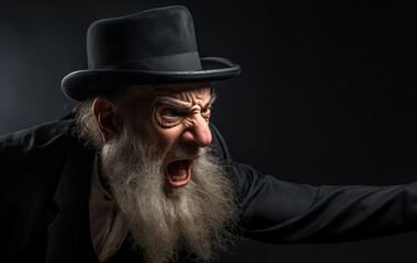 Angry old senior mature coming of age Jew man yelling and pointing his finger. Amish man. conservative. long white beard. grandpa. angry businessman. black hat. yelling, shouting, insulting. 